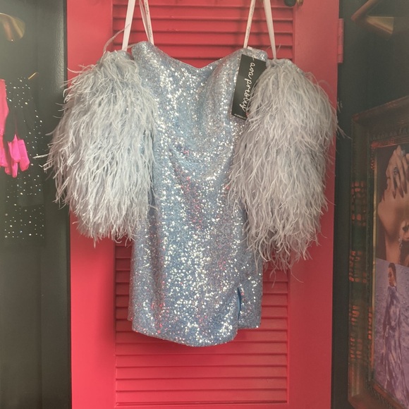 nwt ava presley size 8 couture gown feather sleeves , sequins , optional straps - Picture 3 of 17